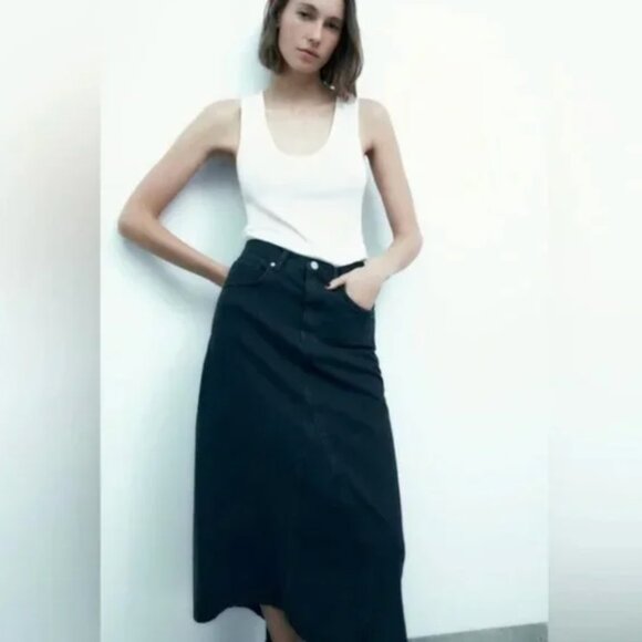 ZARA High Rise Five Pocket Denim Midi Fishtail Skirt Dark Navy Blue Large - Picture 3 of 13